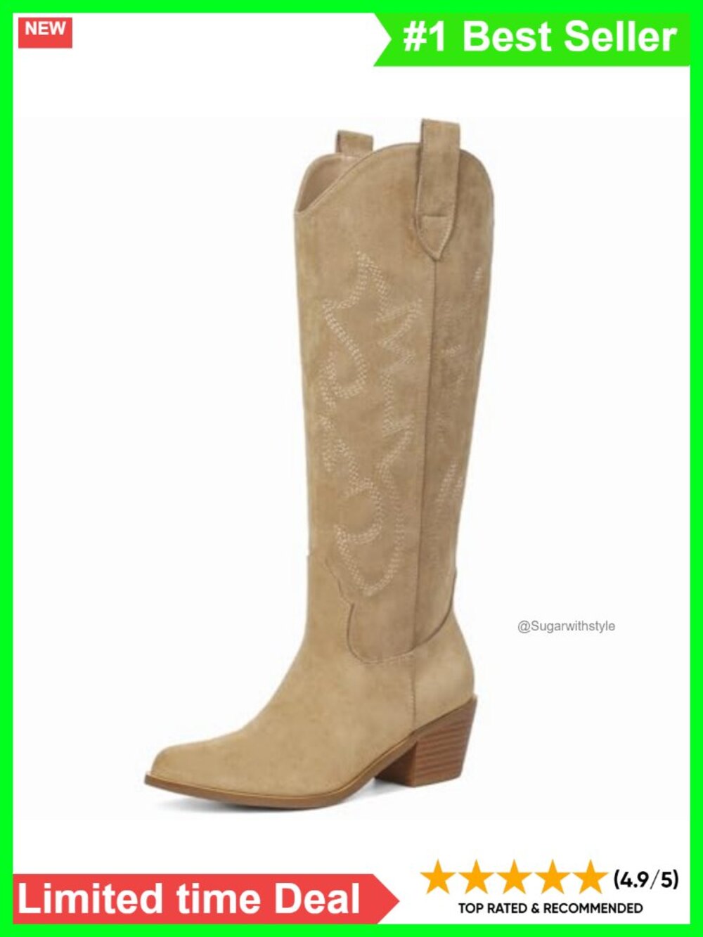 Vegan Leather Cowgirl Boots Knee High Block Heel Western Embroidered